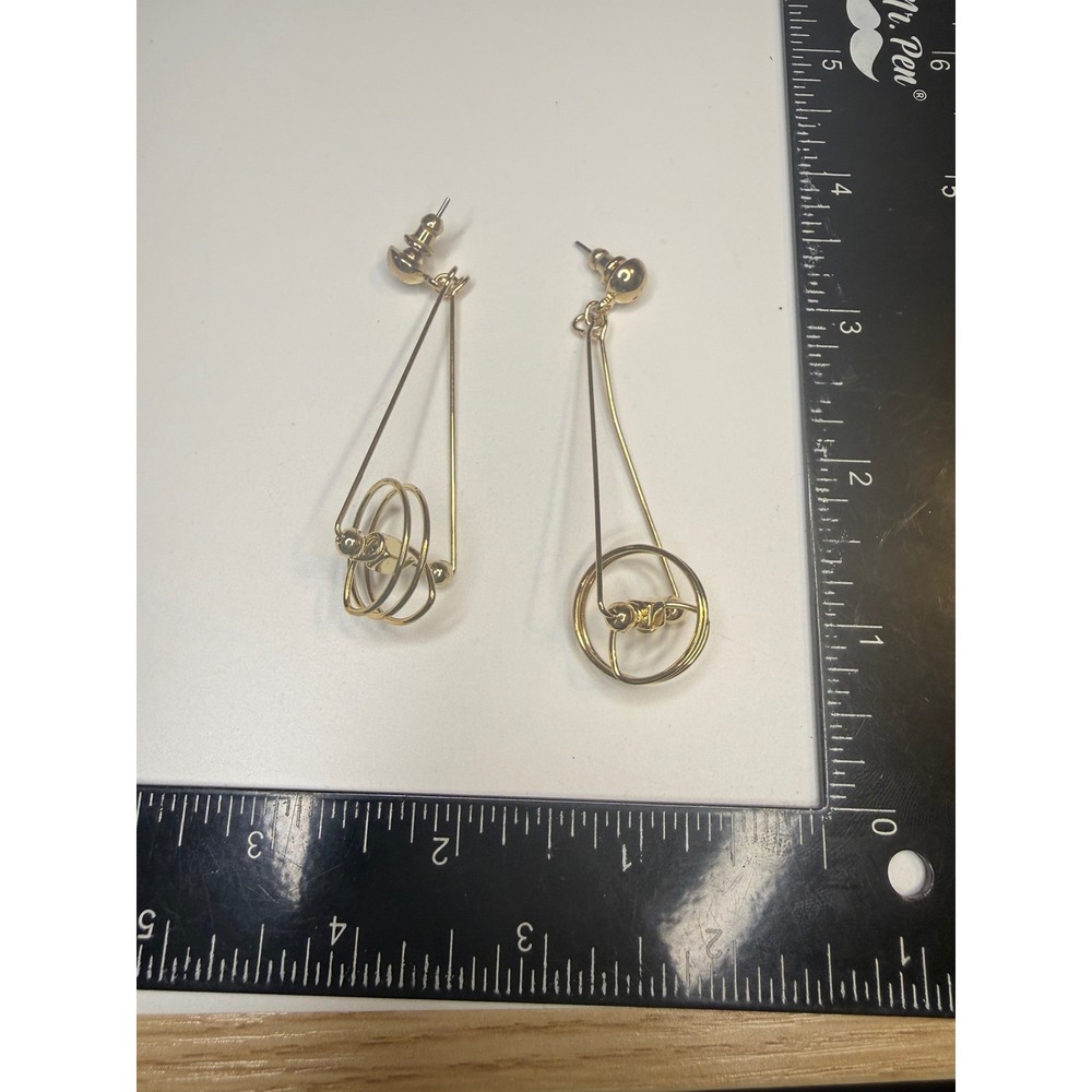 Gold Tone Kinetic Geometric Drop Earrings Long Celestial Dangle Post Backs